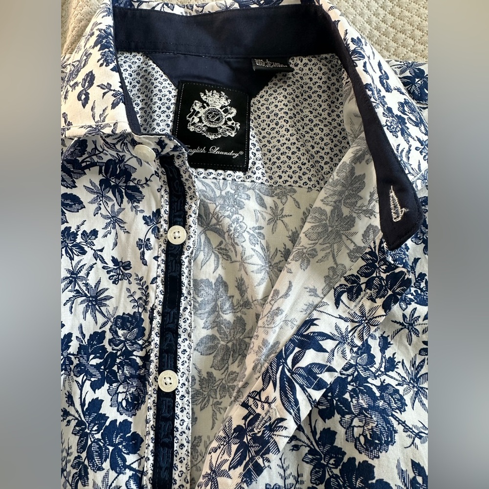 English Laundry Mens Blue White Floral Short Sleeve Button Up Shirt Size Large